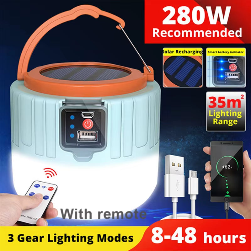 Waterproof Solar Rechargeable LED Camping Lantern - Portable Emergency Tent Light, Energy-Saving Bulb