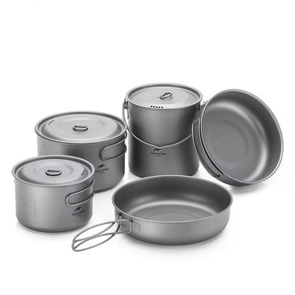 Titanium Camping Cookware Set - Foldable Pot, Frying Pan, Cup, and Utensils