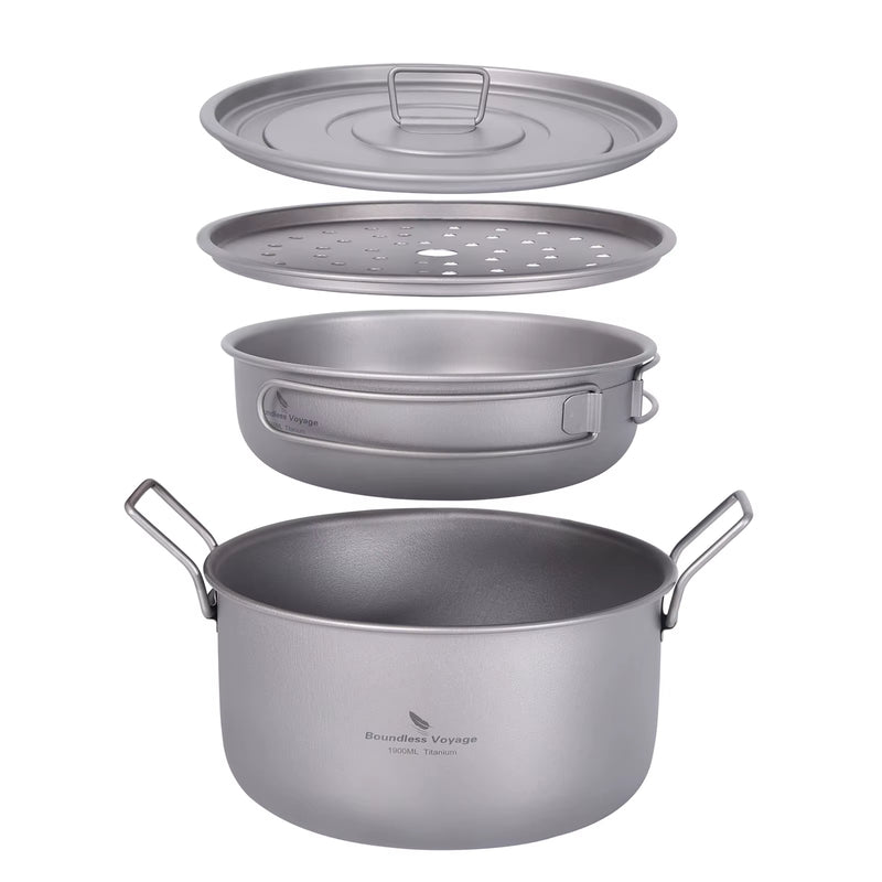 Load image into Gallery viewer, Titanium Camping Cookware Set - Multifunctional Steamer, Soup Pot, Frying Pan with Lid
