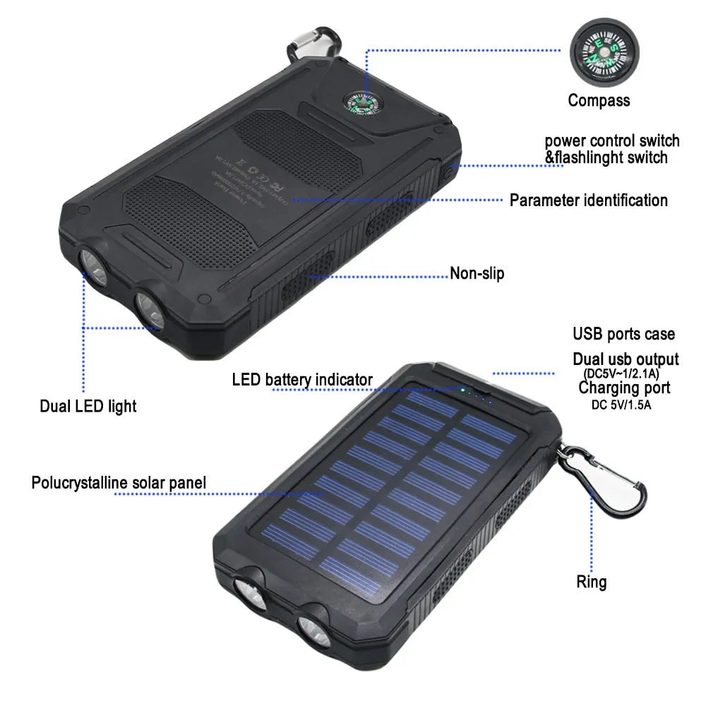 Waterproof Solar Power Bank 20000mAh - Portable Charging for Adventure