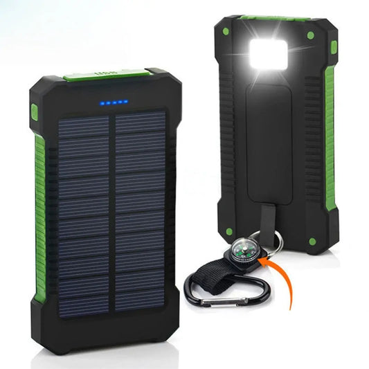 Waterproof Portable Solar Power Bank – Dual USB Charging with LED, SOS, and Compass