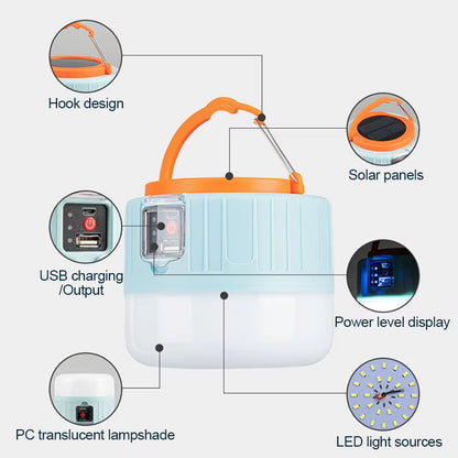 Waterproof Solar Rechargeable LED Camping Lantern - Portable Emergency Tent Light, Energy-Saving Bulb