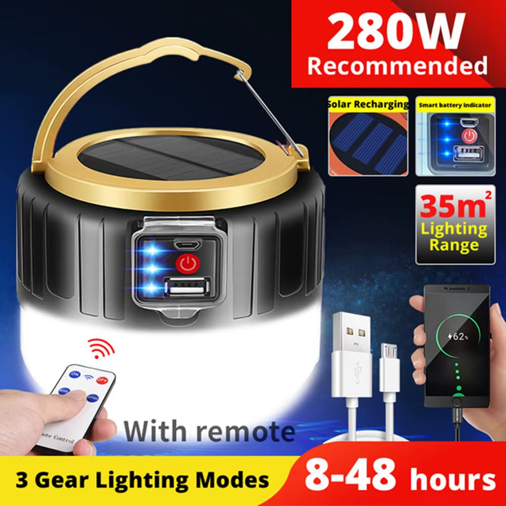 Waterproof Solar Rechargeable LED Camping Lantern - Portable Emergency Tent Light, Energy-Saving Bulb