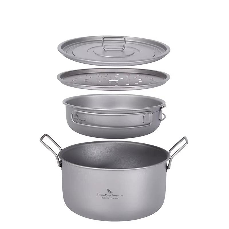 Titanium Camping Cookware Set - Multifunctional Steamer, Soup Pot, Frying Pan with Lid