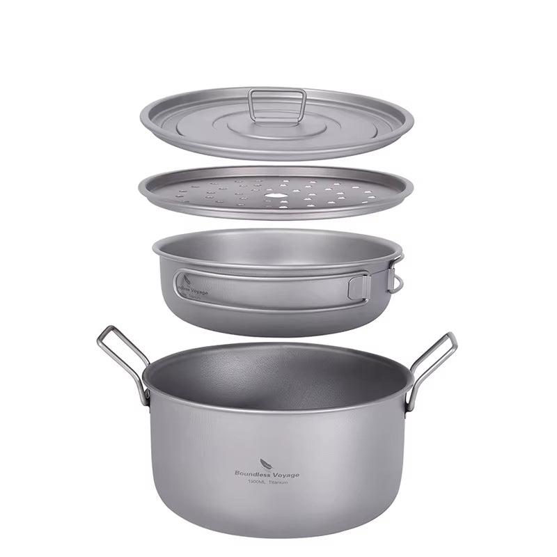 Load image into Gallery viewer, Titanium Camping Cookware Set - Multifunctional Steamer, Soup Pot, Frying Pan with Lid
