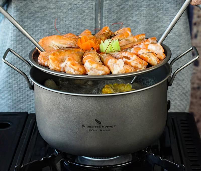 Load image into Gallery viewer, Titanium Camping Cookware Set - Multifunctional Steamer, Soup Pot, Frying Pan with Lid
